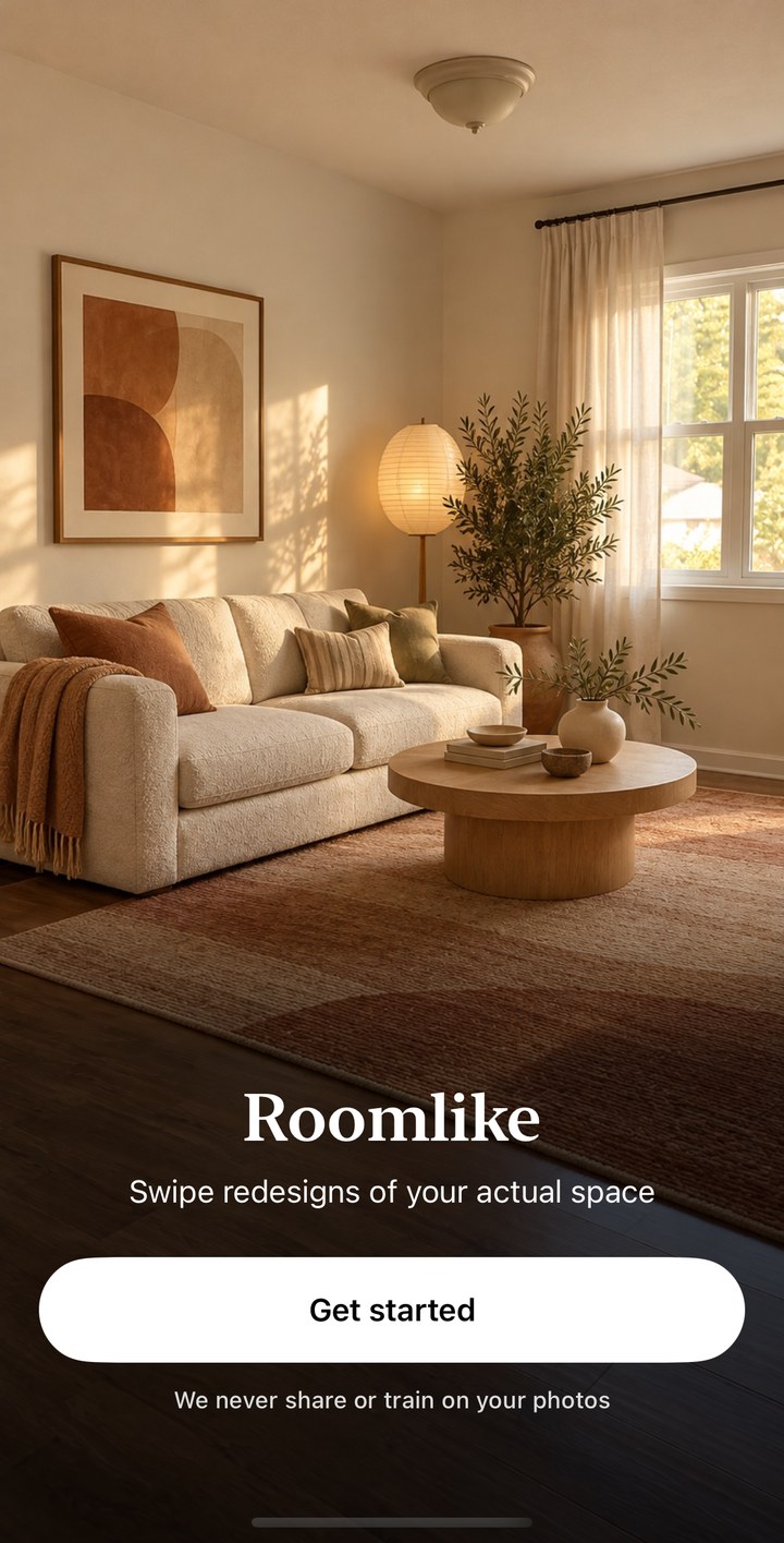Roomlike welcome screen over a sunlit living room with the line Swipe redesigns of your actual space.
